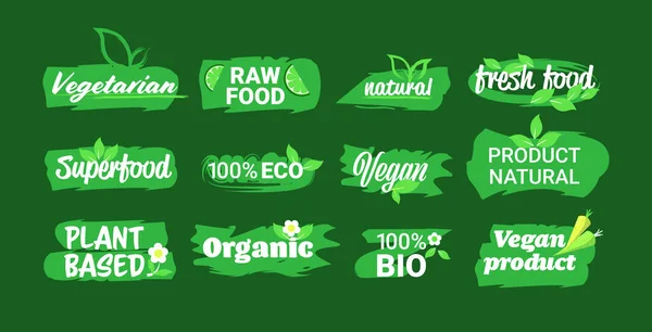 Ange eco naturliga produkt klistermärken ekologisk hälsosam vegan marknaden logotyp färska livsmedel emblem insamling märken design horisontella — Stock vektor