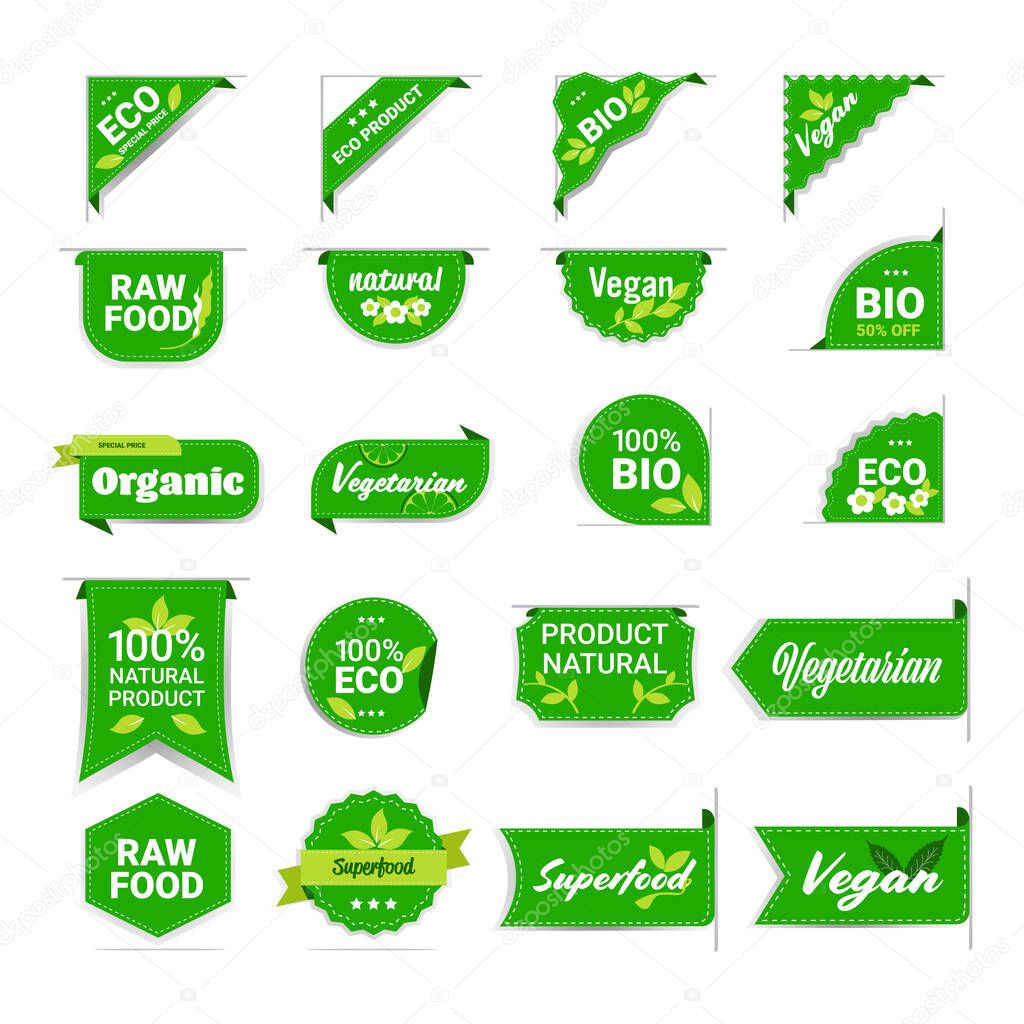 set eco natural product stickers organic healthy vegan market logo fresh food emblems collection badges design
