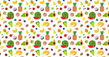 Sulu taze meyveler, kusursuz desenler, sağlıklı doğal besin konsepti, yatay.