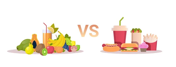 Mat val kost koncept friska färska frukter vs skräp ohälsosam snabbmat horisontellt — Stock vektor