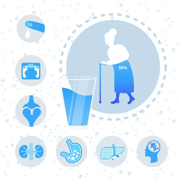 Wasserhaushalt in menschlichen Körperorganen Poster mit Silhouette einer Seniorin Trinkwasser Nutzen Infografik in voller Länge — Stockvektor
