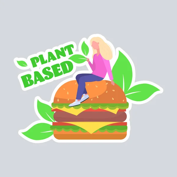 Donna seduta su base vegetale carne hamburger stile di vita sano vegan food concept full length — Vettoriale Stock