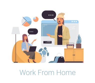 Dizüstü bilgisayar kullanan serbest çalışan bir kadın ev koronavirüsü karantinasında çalışan meslektaşına video çağrısı yapıyor.