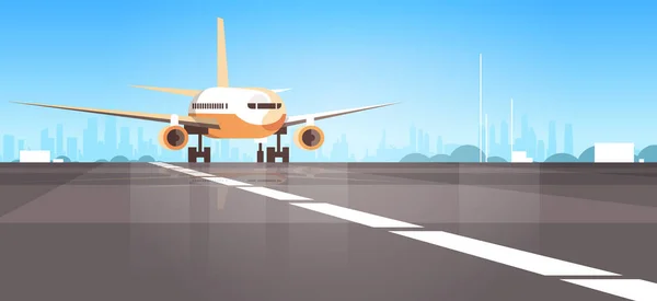 Terminal del aeropuerto con aviones que vuelan avión despegando paisaje urbano de fondo — Vector de stock