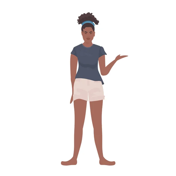 Hermosa mujer joven en ropa casual africano americano personaje de dibujos animados femenino de pie pose — Vector de stock