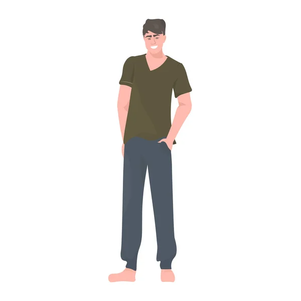 Hermoso joven en ropa casual personaje de dibujos animados masculino de pie pose longitud completa — Vector de stock