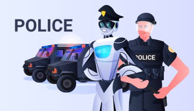 Devriye polisi üniformalı robot polis yapay zeka teknolojisi kavramını bir arada tutuyor.