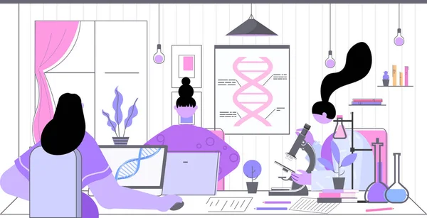 Scientists team working with DNA researchers making experiment in lab DNA testing genetic engineering concept — Stock Vector