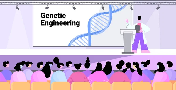 Vrouwelijke wetenschapper in masker geven toespraak van tribune DNA testen genetische manipulatie medische conferentie concept — Stockvector