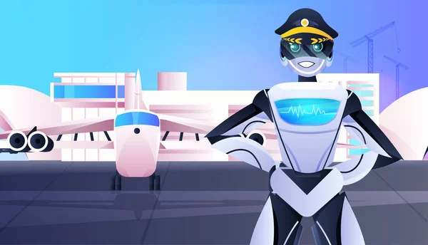 Roboterpilot in Uniform Roboterkapitän in der Nähe Flugzeug Luftfahrt künstliche Intelligenz-Technologie-Konzept — Stockvektor