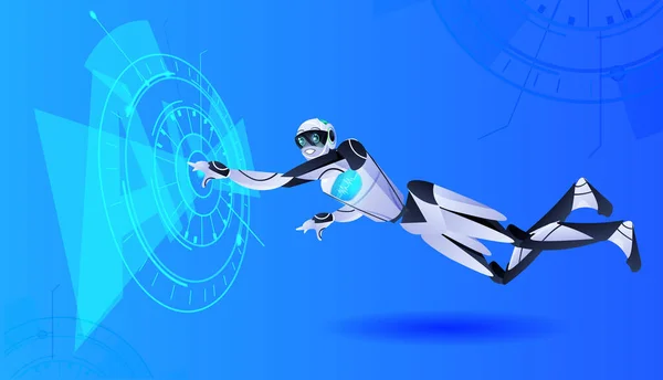 Carácter robótico moderno tocando el concepto de tecnología de inteligencia artificial holograma digital — Vector de stock