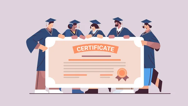 Graduados detentores de certificado feliz graduados celebrando diploma acadêmico grau de ensino universitário —  Vetores de Stock