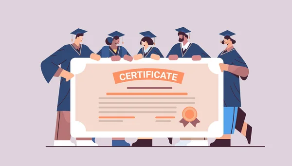 Diplomás hallgatók bizonyítvánnyal boldog diplomások ünneplő akadémiai diploma egyetemi oktatás — Stock Vector