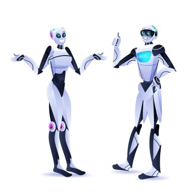 Modern robotik karakterler, yapay zeka teknolojisiyle bir araya gelip tartışıyorlar.