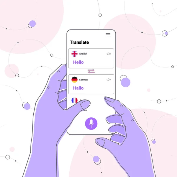 Hands using mobile translation application multilingual greeting international communication online dictionary — Stockový vektor