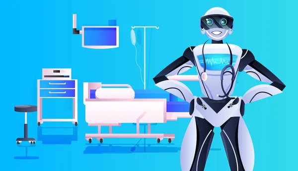 Robot médico con estetoscopio hospital moderno sala clínica medicina interior cuidado de la salud concepto de inteligencia artificial — Archivo Imágenes Vectoriales