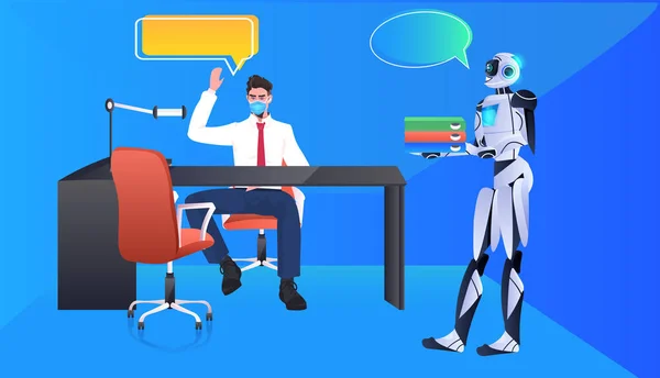 Moderní robot pomocník dává dokumenty pro podnikatele technologie umělé inteligence chat bublina komunikace — Stockový vektor