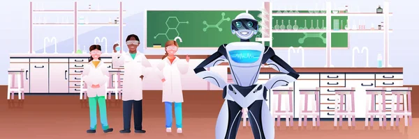 Mezcla de alumnos de raza con robot haciendo experimentos químicos en tecnología de inteligencia artificial de laboratorio — Vector de stock