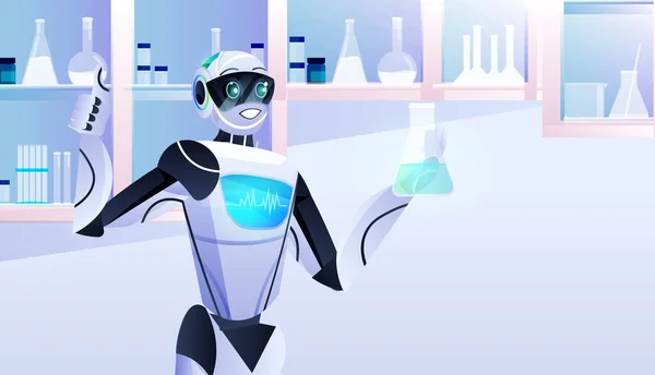Robot sosteniendo tubo de ensayo con químico robótico líquido haciendo experimentos en ingeniería genética de laboratorio inteligencia artificial — Vector de stock
