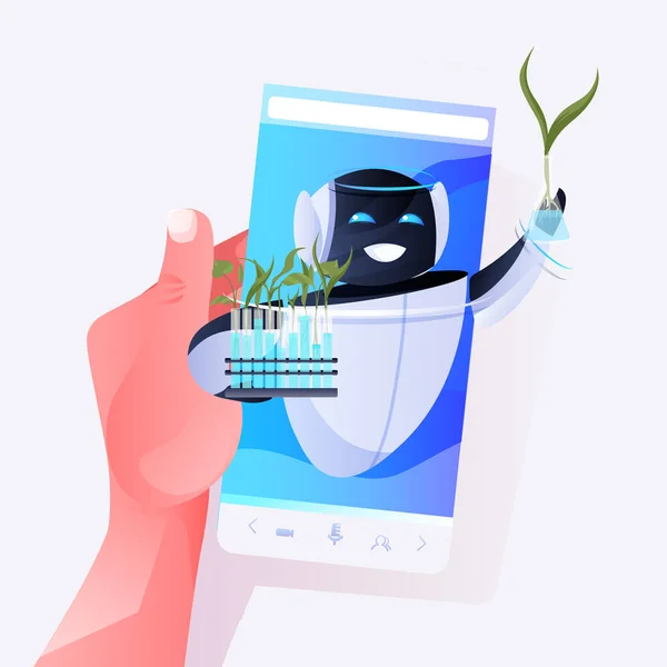Moderní robot drží zkumavky s geneticky modifikovanými rostlinami na obrazovce smartphonu vědecký výzkum — Stockový vektor