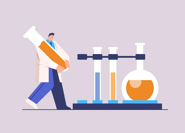 Cientista que trabalha com o pesquisador do homem do tubo de ensaio que faz a experiência química na engenharia molecular do laboratório —  Vetores de Stock