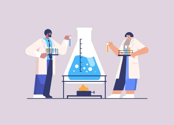 Research scientist working with test tube researchers making chemical experiment in laboratory — Stock Vector