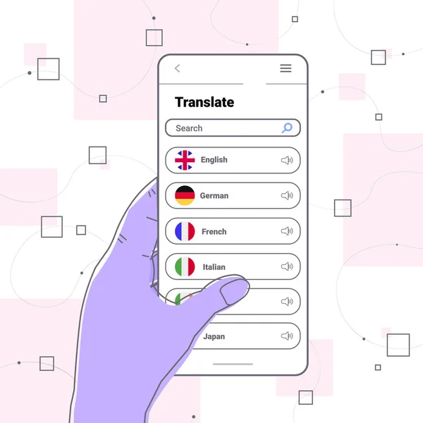 Ruka pomocí mobilní překladatelské aplikace vícejazyčné pozdravy mezinárodní komunikace online slovník — Stockový vektor
