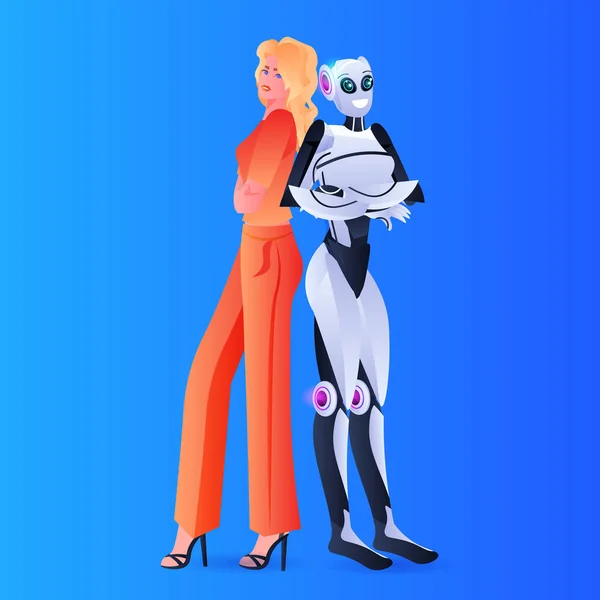 Business woman standing with robot partnership — Διανυσματικό Αρχείο