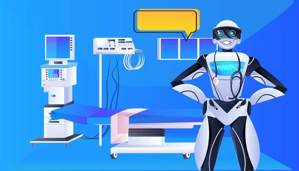 Robot médico con estetoscopio hospital moderno sala clínica medicina interior cuidado de la salud concepto de inteligencia artificial — Archivo Imágenes Vectoriales