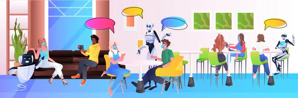 Robôs e misturar raça pessoas em máscaras sentado no café bate-papo bolha comunicação tecnologia de inteligência artificial — Vetor de Stock