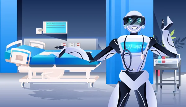 Robot médico con estetoscopio hospital moderno sala clínica medicina interior cuidado de la salud concepto de inteligencia artificial — Vector de stock