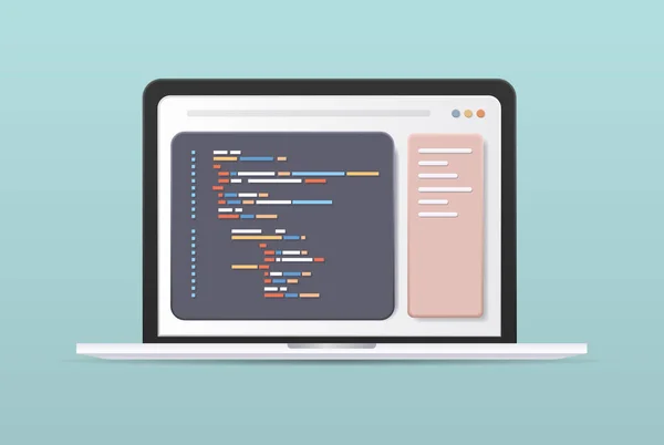 웹 개발 프로그래머 코딩 웹 사이트 - 노트북 화면 프로그래밍 소프트웨어 설계 수평 벡터 삽화 — 스톡 벡터
