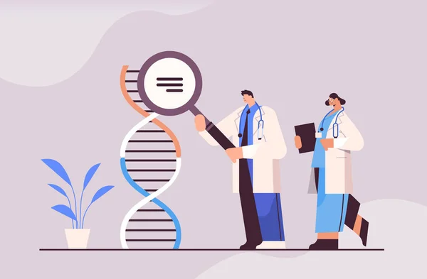 Scienziati che lavorano con i ricercatori del DNA che fanno l'esperimento nel concetto di diagnosi genetica della prova del DNA del laboratorio — Vettoriale Stock