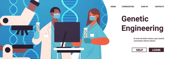 Wetenschappers werken met DNA in reageerbuizen onderzoekers experimenteren in lab DNA testen genetische manipulatie — Stockvector