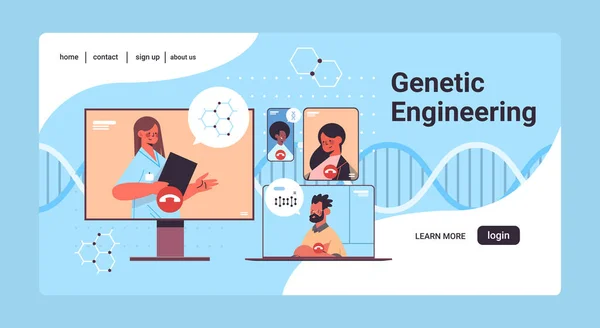 Arts die patiënten raadpleegt tijdens videogesprek DNA-test genetische engineering diagnose online consultatieconcept — Stockvector
