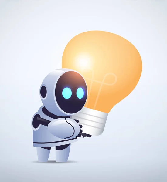Roztomilý robot kyborg držení světlo lampa nový projekt tvůrčí nápad umělá inteligence technologie — Stockový vektor