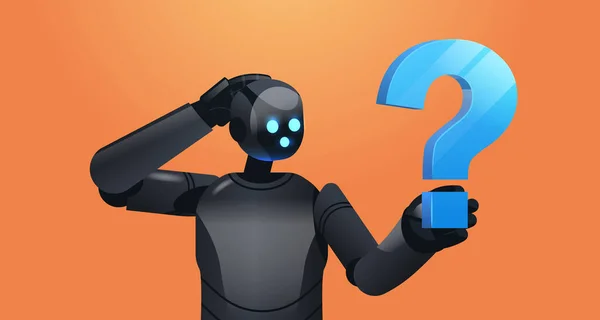 Gefrustreerde zwarte robot cyborg houden vraagteken help support service FAQ probleem kunstmatige intelligentie — Stockvector