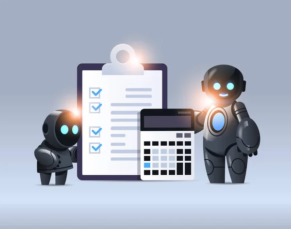 Roboter mit Zwischenablage und Rechner Finanzdaten berichten Organisation Prozess Analytics Buchhaltung — Stockvektor