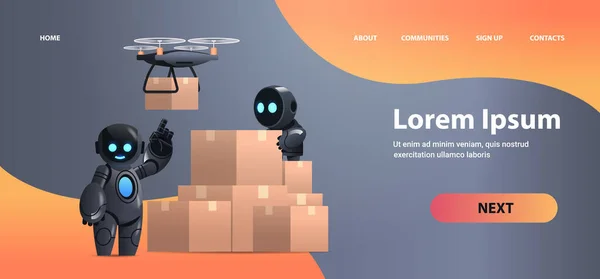 Robôs mensageiros perto de caixas de papelão correio aéreo drone serviço de entrega rápida expedição tecnológica inteligência artificial — Vetor de Stock
