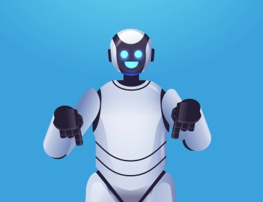 Modern robot karakter yapay zeka teknolojisi kavramına bakan sevimli robot cyborg.