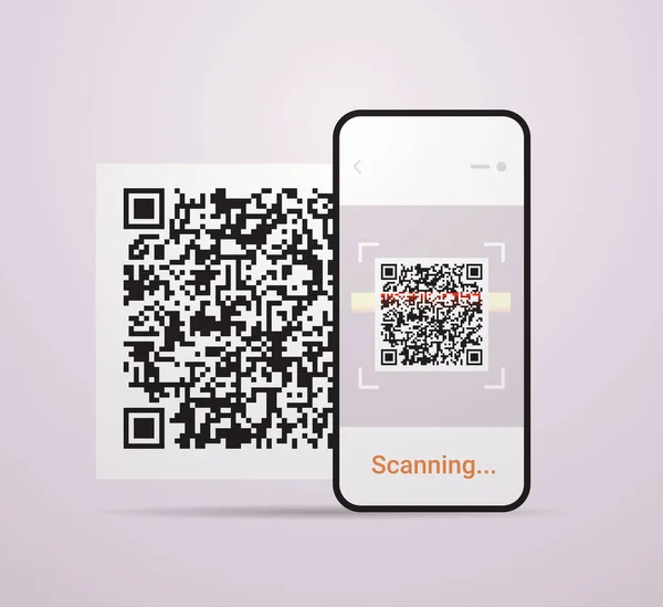 Σάρωση QR κώδικα σε οθόνη smartphone ηλεκτρονική ψηφιακή τεχνολογία μηχανή αναγνώσιμη barcode επαλήθευση — Διανυσματικό Αρχείο
