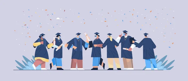 Maskeli yüksek lisans öğrencileri akademik diploma diplomasını kutlayan mutlu mezunlar. — Stok Vektör