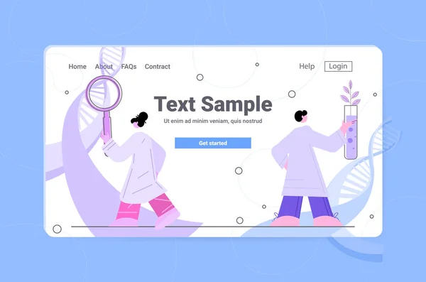 Forskare som analyserar DNA från växter i provröret forskare team som gör experiment i labb genetiskt modifierade växter — Stock vektor