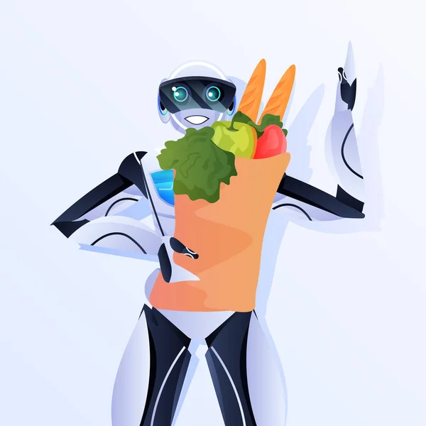 食料品とショッピングバッグを保持するロボット現代的なロボットキャラクター人工知能の概念 — ストックベクタ