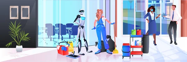 Concierge robotisé avec femme robot nettoyeur vs humain travaillant ensemble dans le service de nettoyage de bureau intelligence artificielle — Image vectorielle