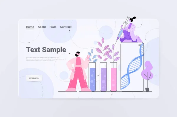 Forskare som arbetar med DNA från växter i provrör forskare som gör experiment i labb genetiskt modifierade växter — Stock vektor