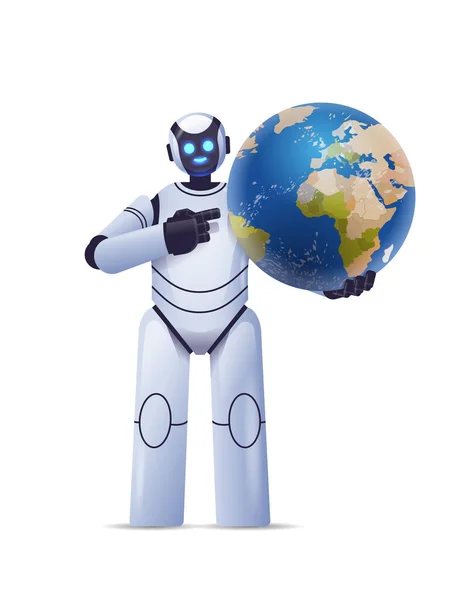 Roboter Cyborg Holding Planet Erde Globus moderne Roboter Charakter künstliche Intelligenz Technologie-Konzept — Stockvektor