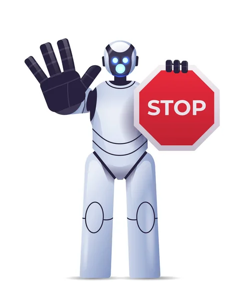 Robô cyborg segurando vermelho stop sinal caráter robótico mostrando nenhum gesto mão entrada inteligência artificial —  Vetores de Stock