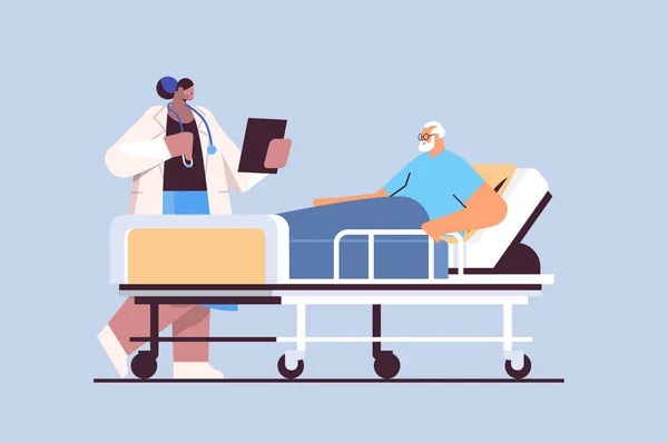 Nurse taking care of sick senior man patient lying in hospital bed care service concept — Stockvektor