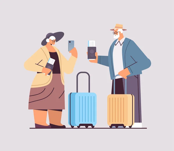 Idős pár turista nagyszülők poggyász útlevéllel és jegyek készen áll a beszállás a repülőtéri nyaralás — Stock Vector